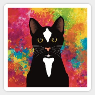 The cute and alert black and white tuxedo cat is waiting and watching you , colorful  background Sticker